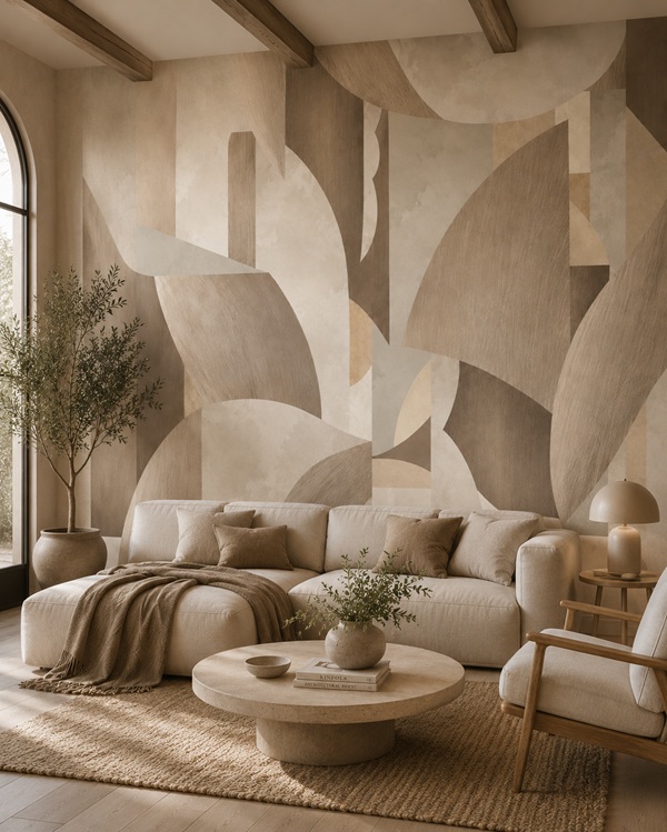 Modern abstract geometric wallpaper in beige and taupe neutral tones