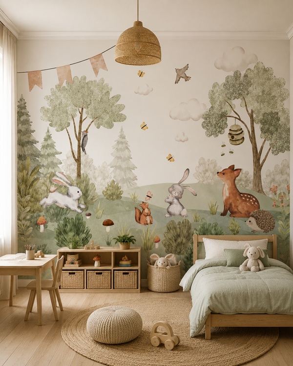 Watercolor woodland nursery wallpaper with rabbits, deer, hedgehog and forest animals