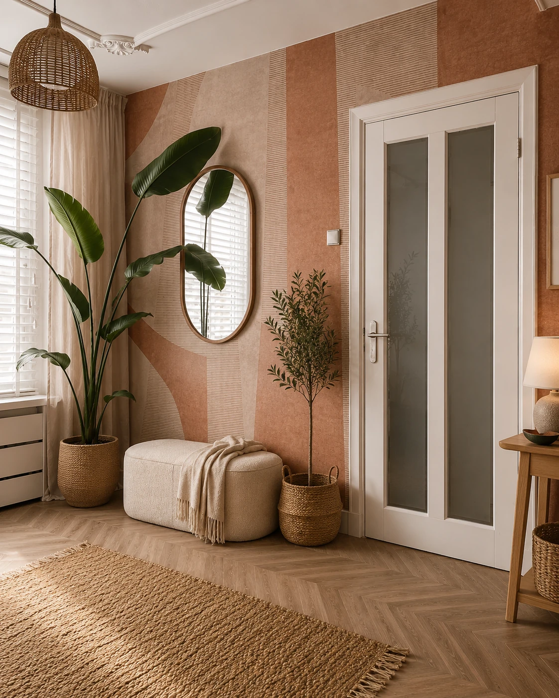 Terracotta tonlarında modern geometrik desenli duvar kağıdı