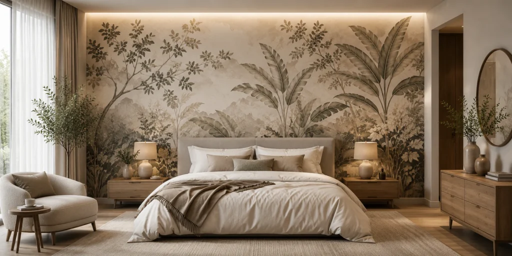 A calm modern bedroom featuring an elegant botanical wall mural, neutral bedding and warm natural wood details.