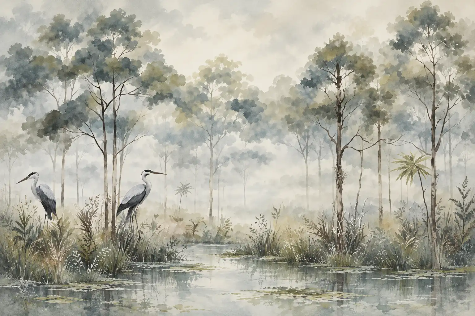 Forêt brumeuse avec hérons Papier peint
