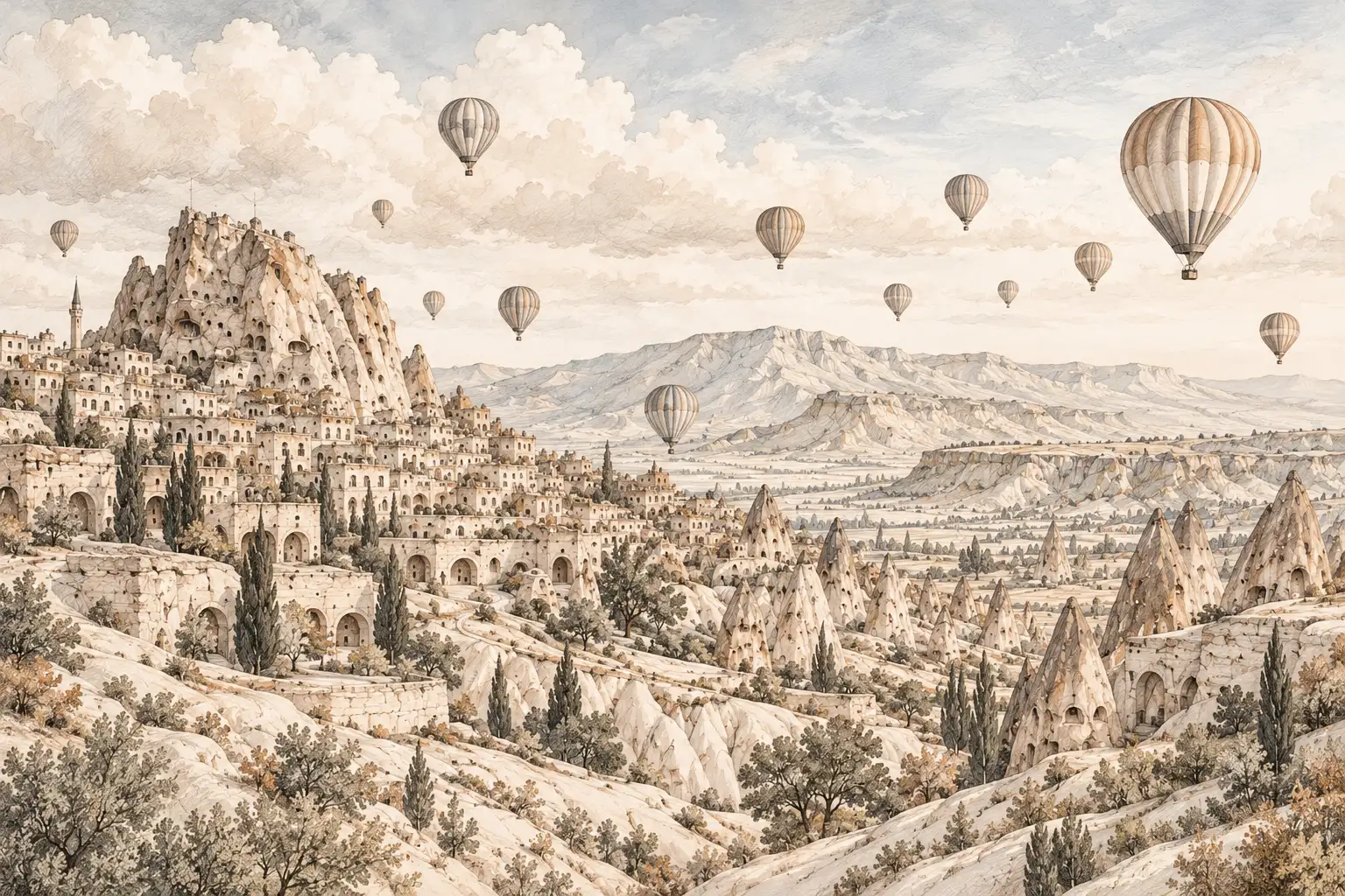Cappadocia-landschap met ballonnen fotobehang