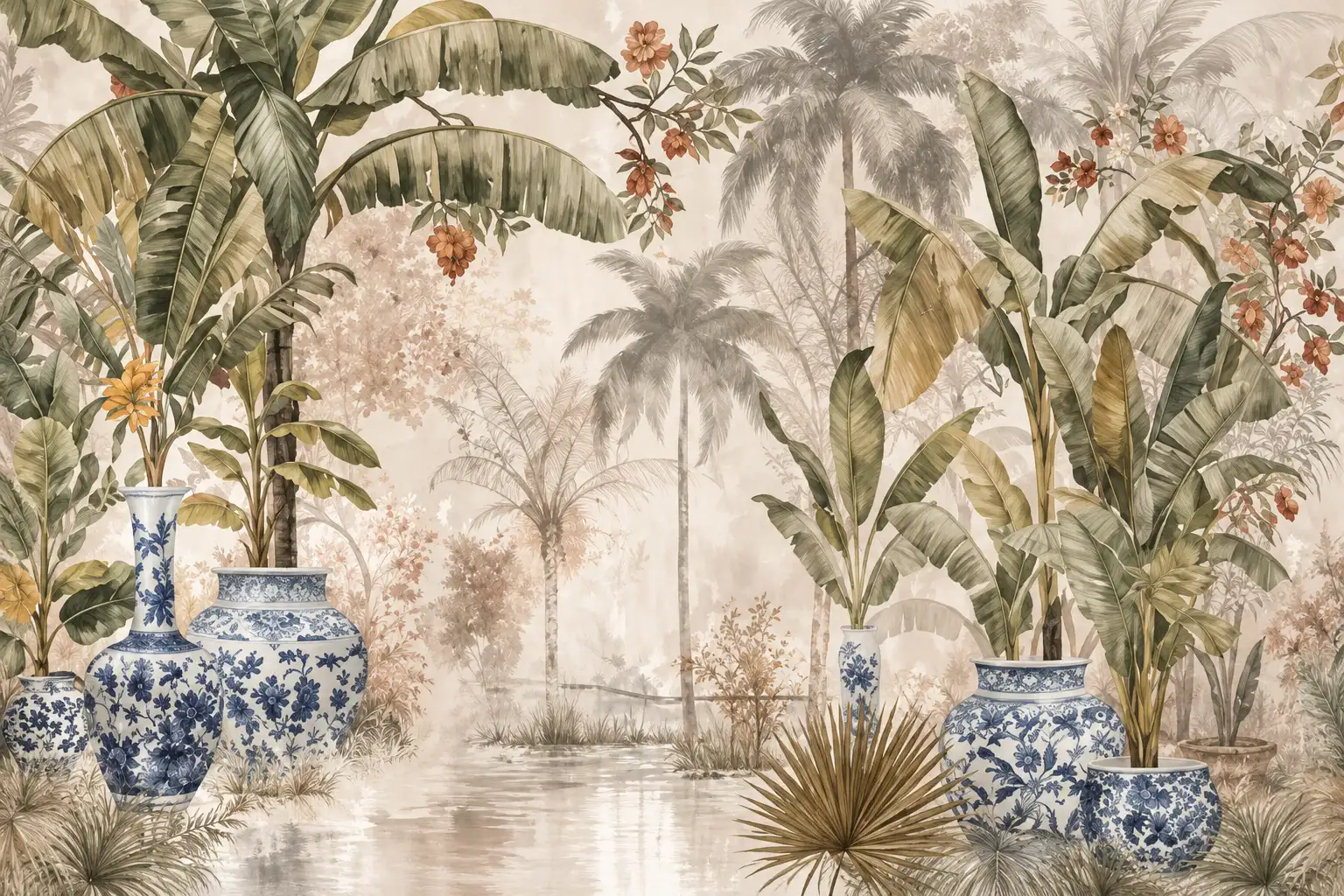 Jardim Tropical com Vasos de Porcelana Papel de Parede