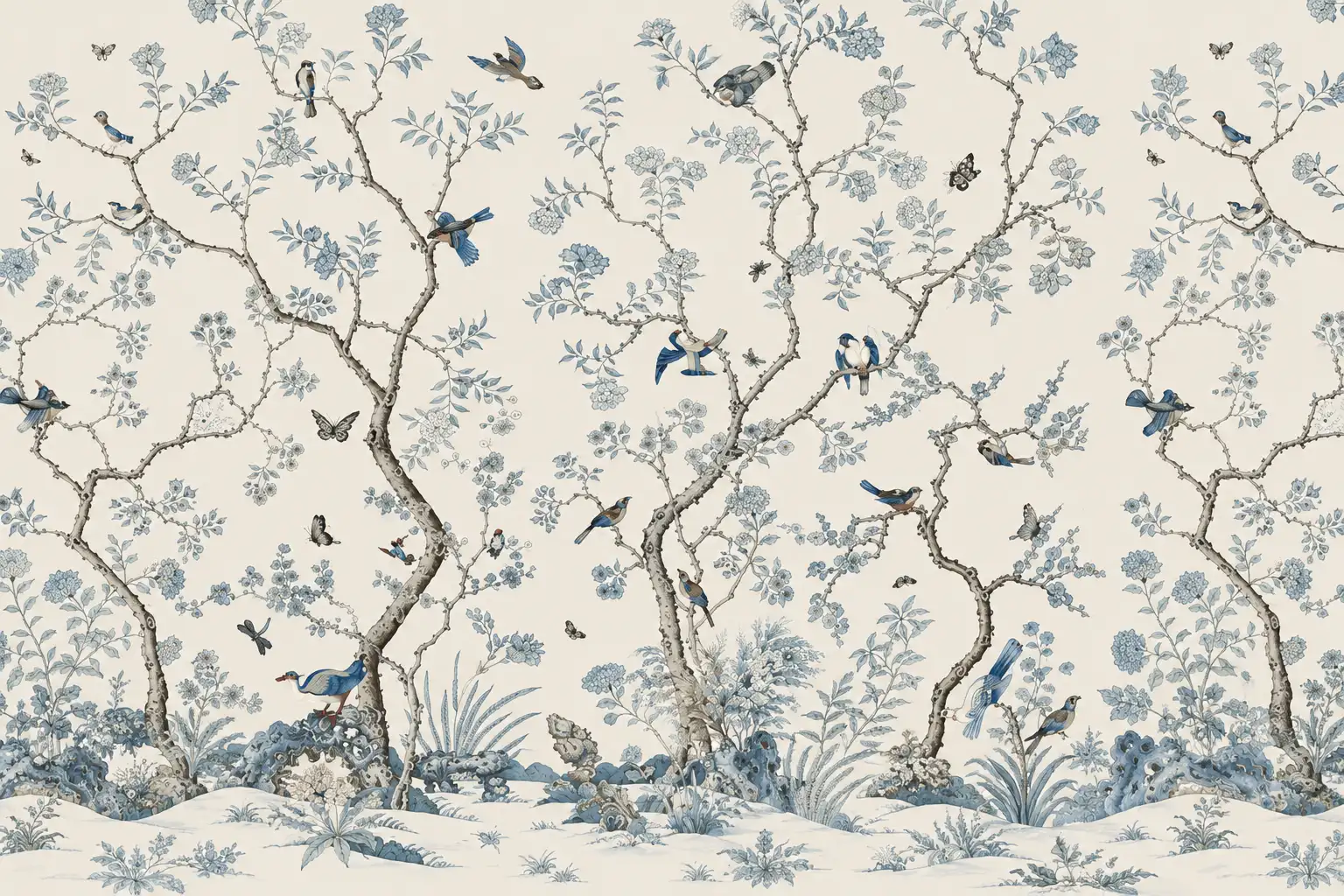Oiseaux, papillons et branches fresque murale