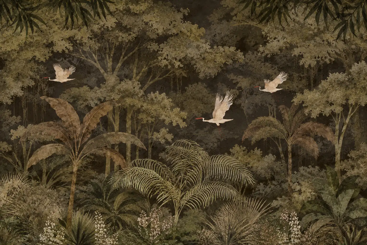 Forêt tropicale avec grues fresque murale