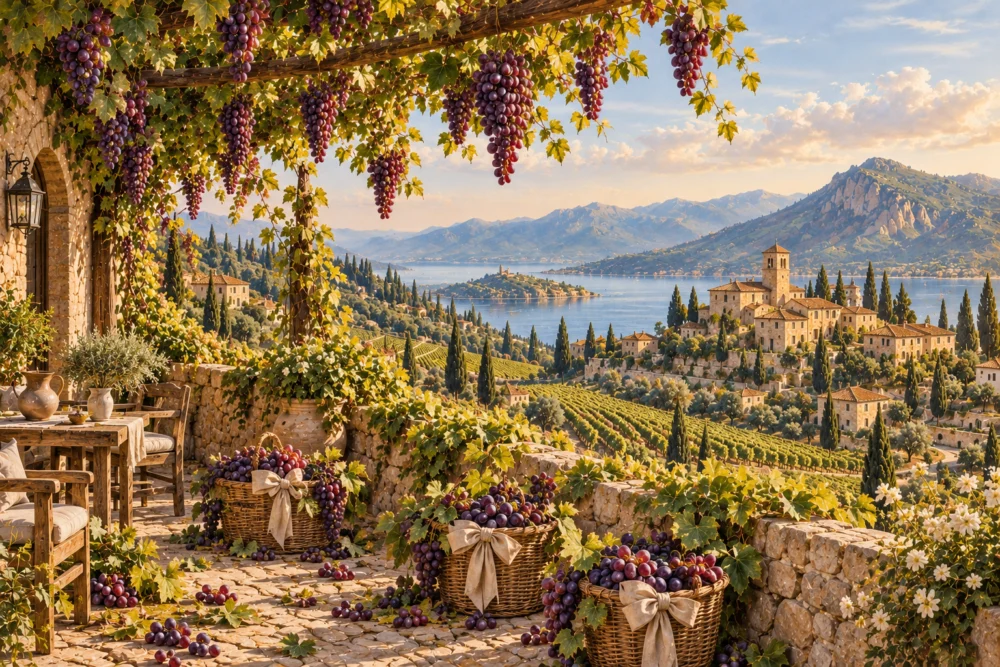 Vue du vignoble au lac Papier peint