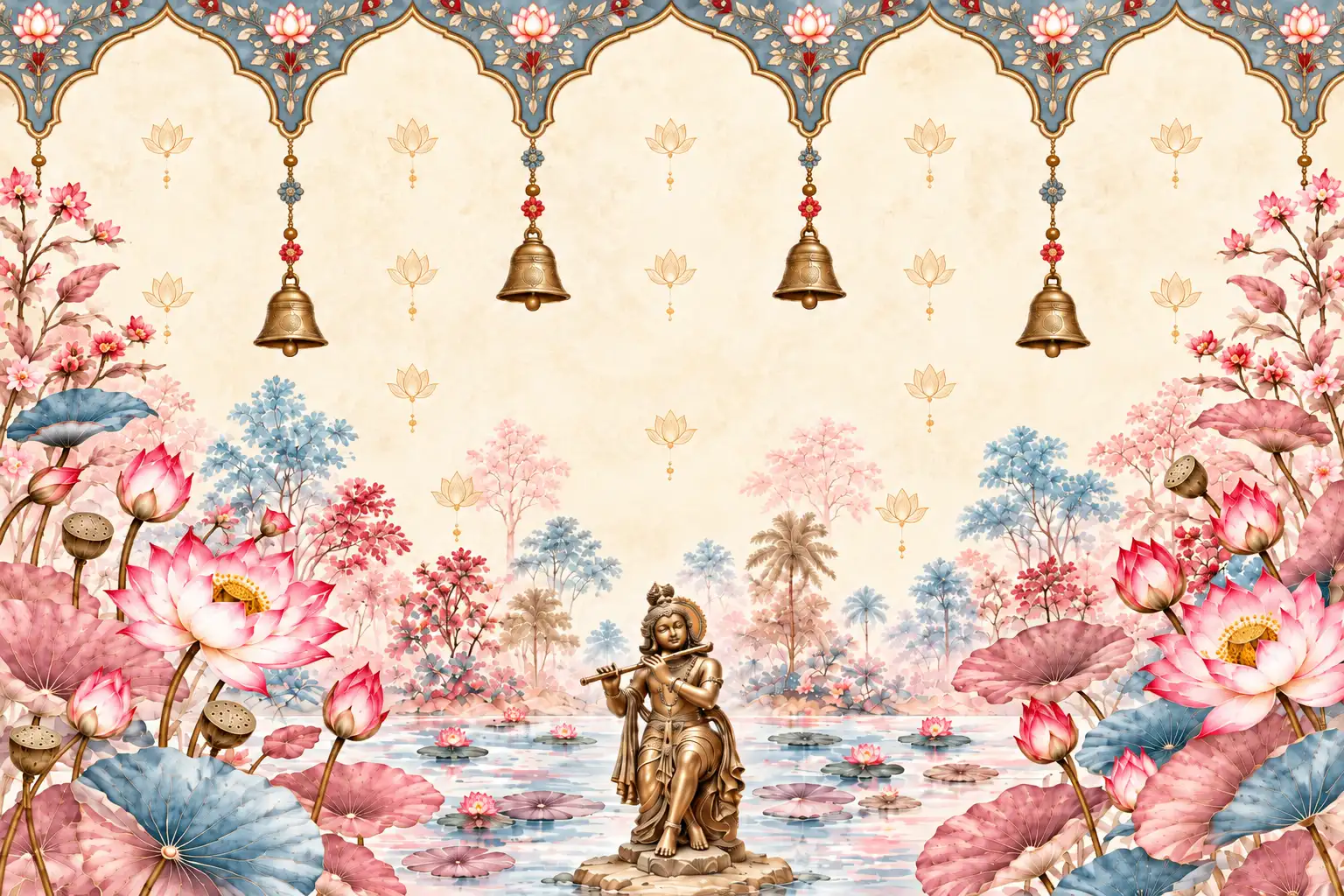 Krishna Di Taman Teratai Mural Dinding