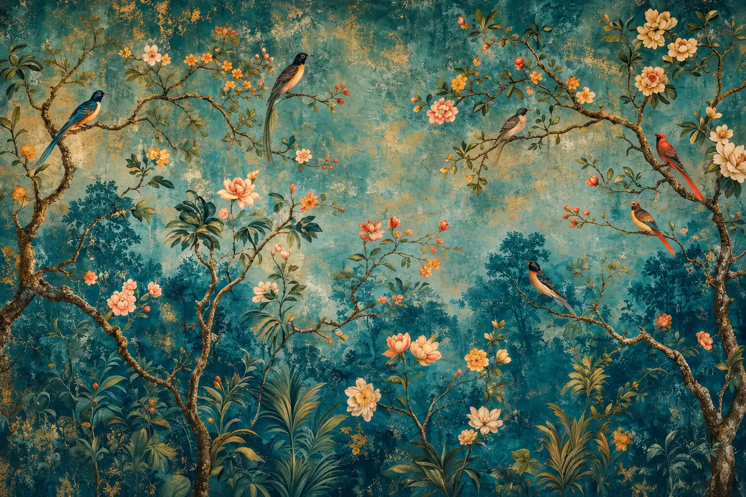 Oiseaux du bosquet fleuri Papier peint
