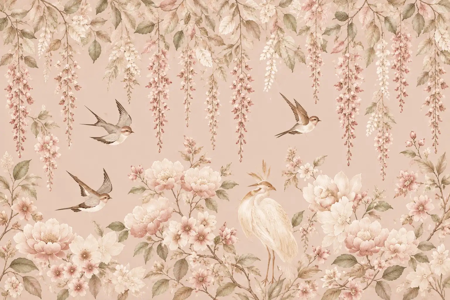 Papel de Parede Flores em Cascata e Garça