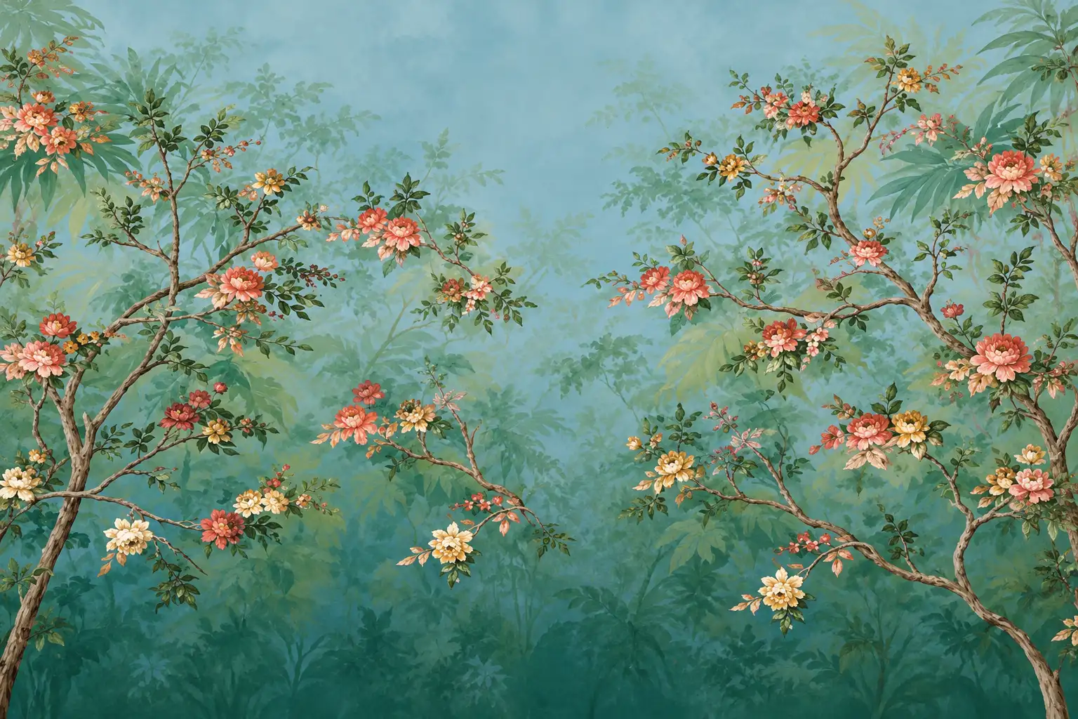 Branches fleuries dans un jardin brumeux Papier peint mural