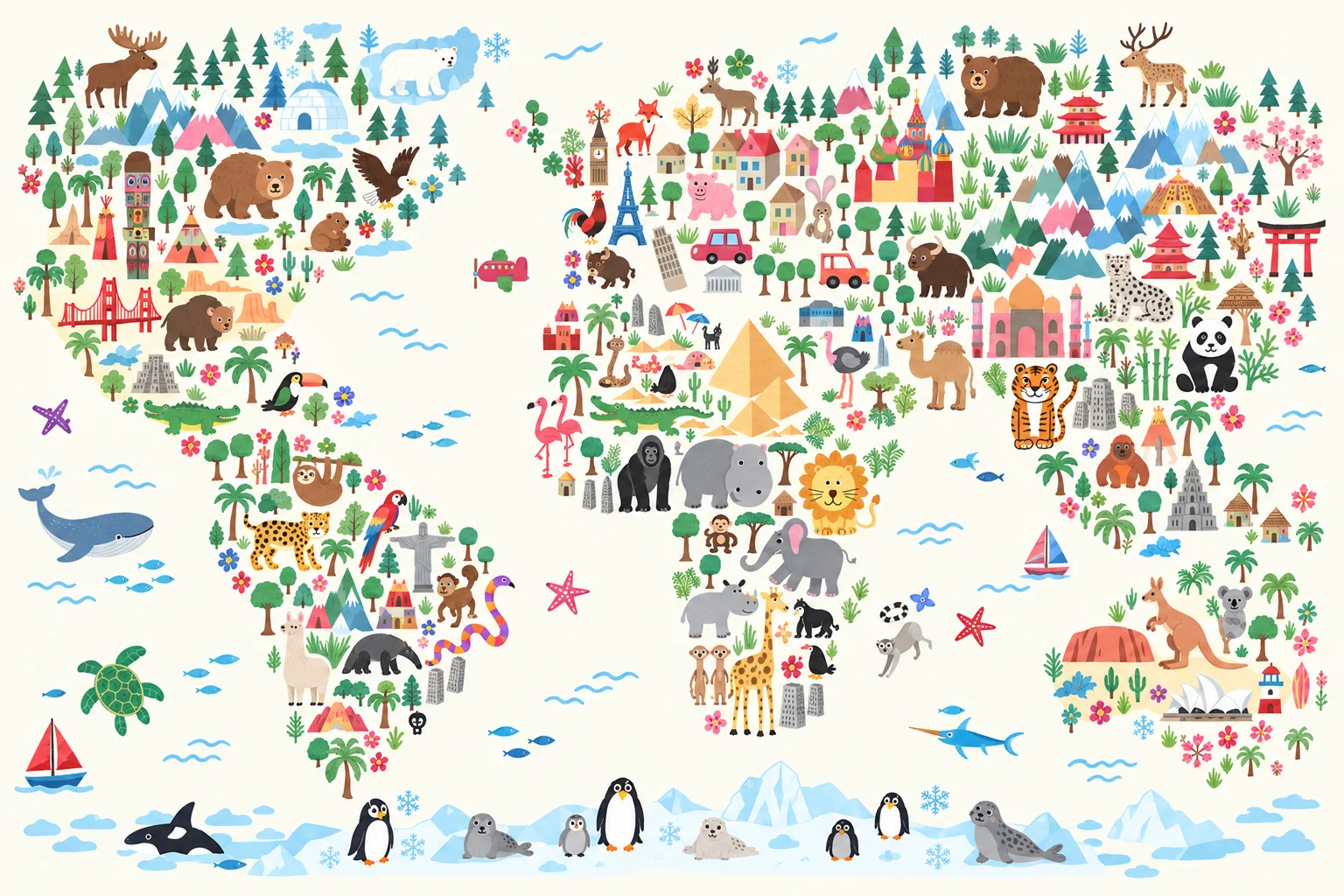 World Animals Map Wall Mural