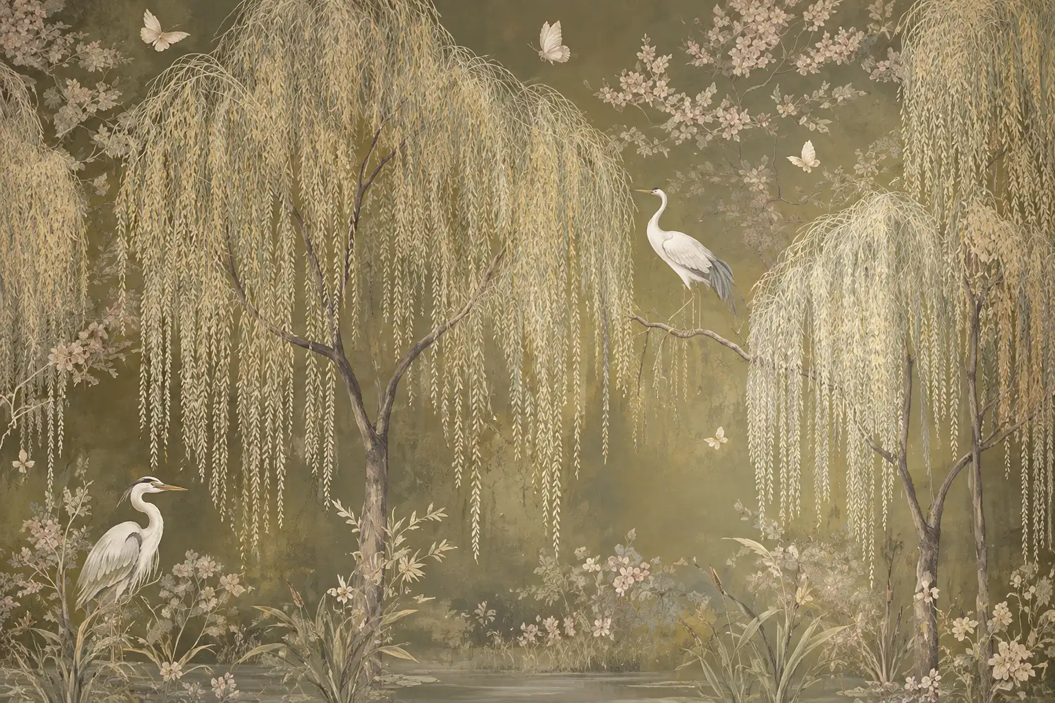 Mural Dinding Taman Willow Dan Bangau