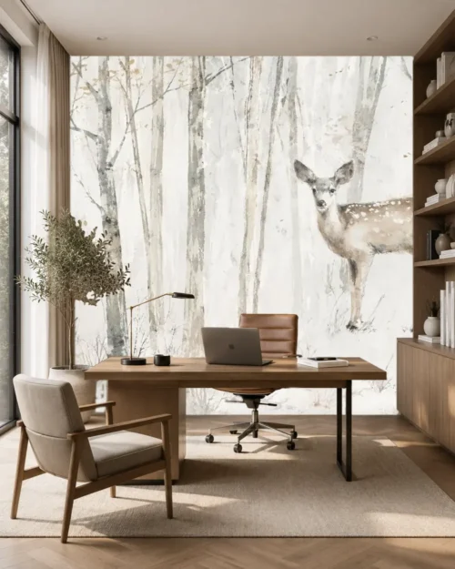 Karlı Ormanda Geyik Duvar Kağıdı room wallpaper mockup
