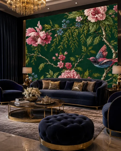 Çiçekli Kuş Bahçesi Duvar Kağıdı room wallpaper mockup