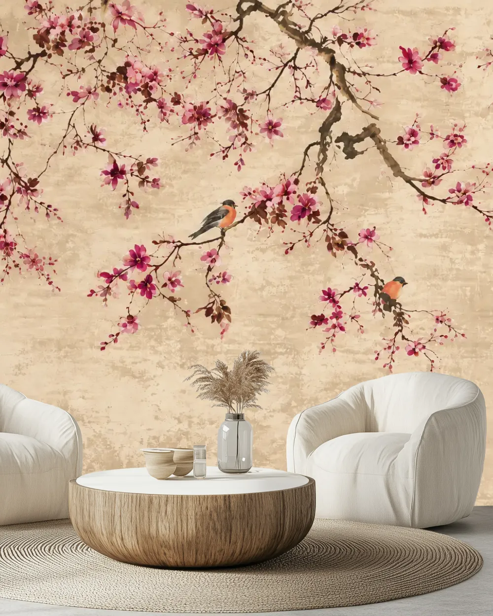 Çiçek Dalları Altında Kuşlar Duvar Kağıdı room wallpaper mockup