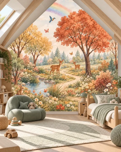 Gökkuşaklı Orman Dostları Duvar Kağıdı – Meta Catalog Mockup Gökkuşaklı Orman Dostları Duvar Kağıdı room wallpaper mockup