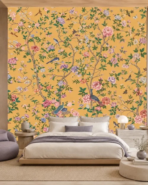 Tavus Kuşlu Çiçek Dalları Duvar Kağıdı room wallpaper mockup
