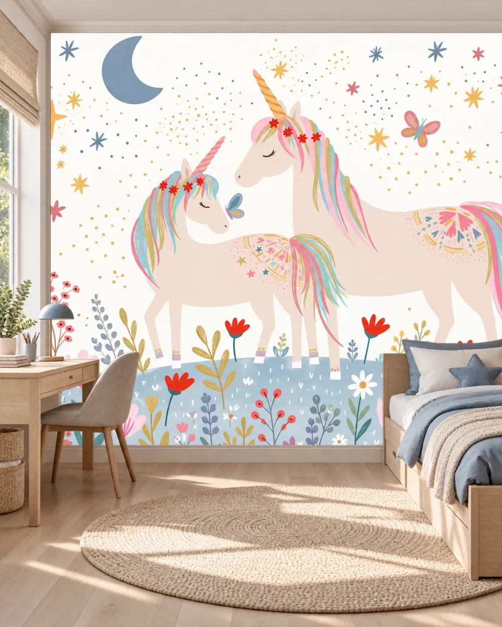 Ay Işığında Çiçekli Tekboynuzlar Duvar Kağıdı room wallpaper mockup