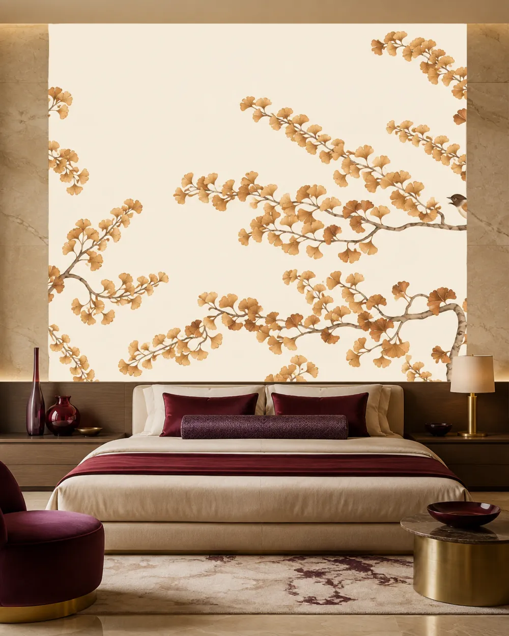 Ginkgo Dallarında Kuş Duvar Kağıdı room wallpaper mockup