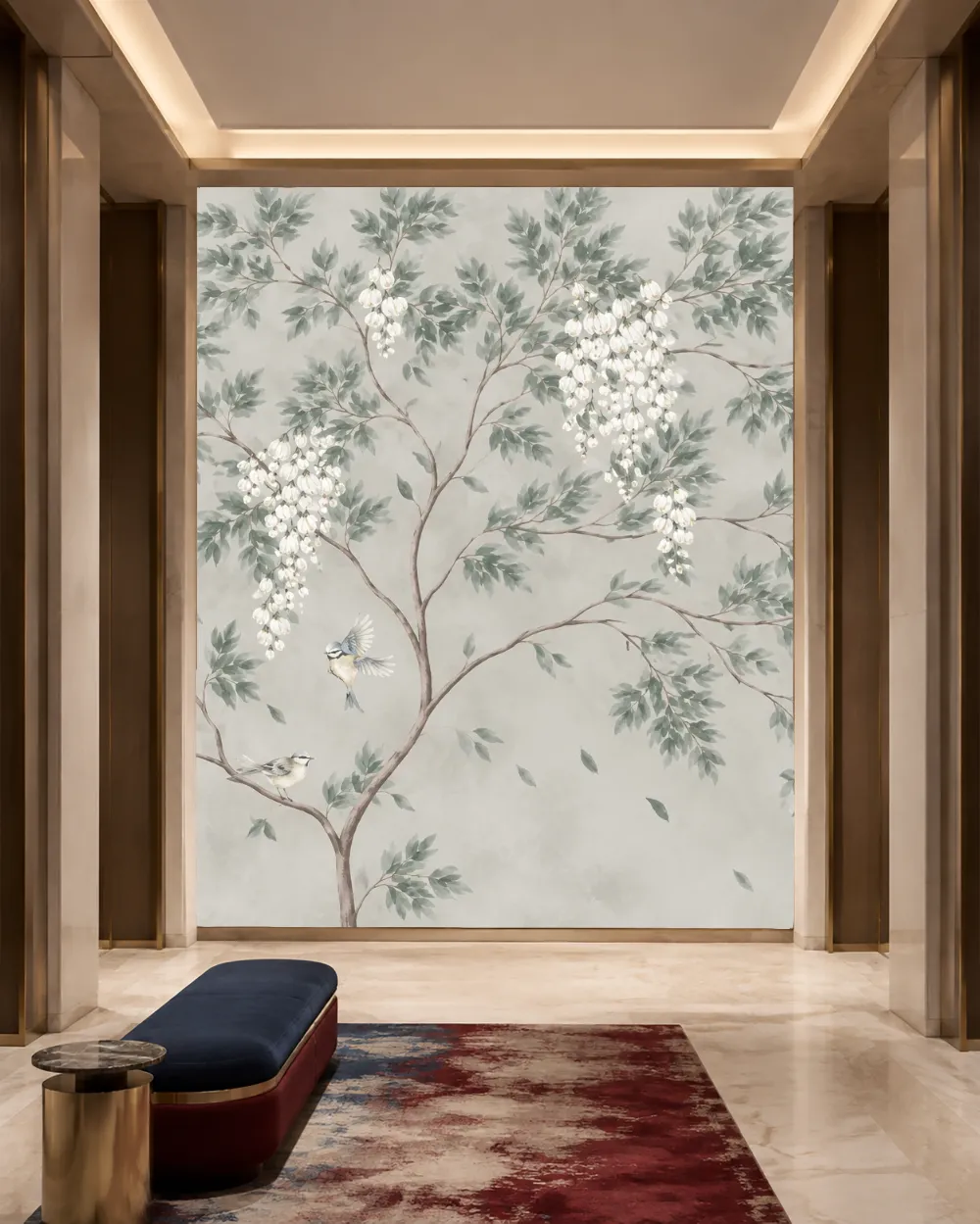 Çiçekli Dallar ve Kuşlar Duvar Kağıdı room wallpaper mockup