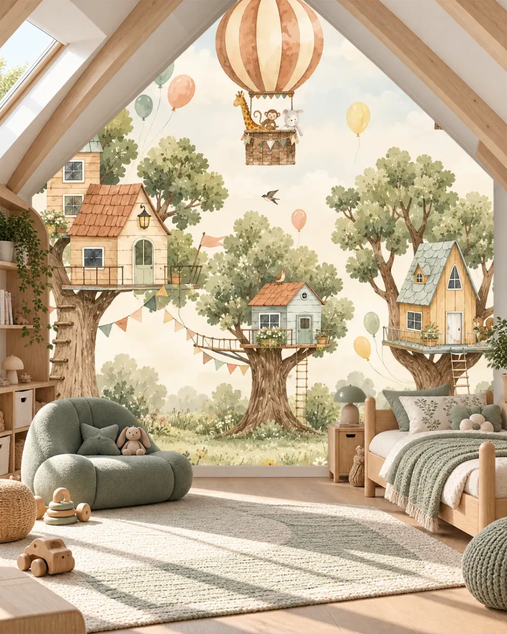 Balonlu Ağaç Evler Duvar Kağıdı room wallpaper mockup