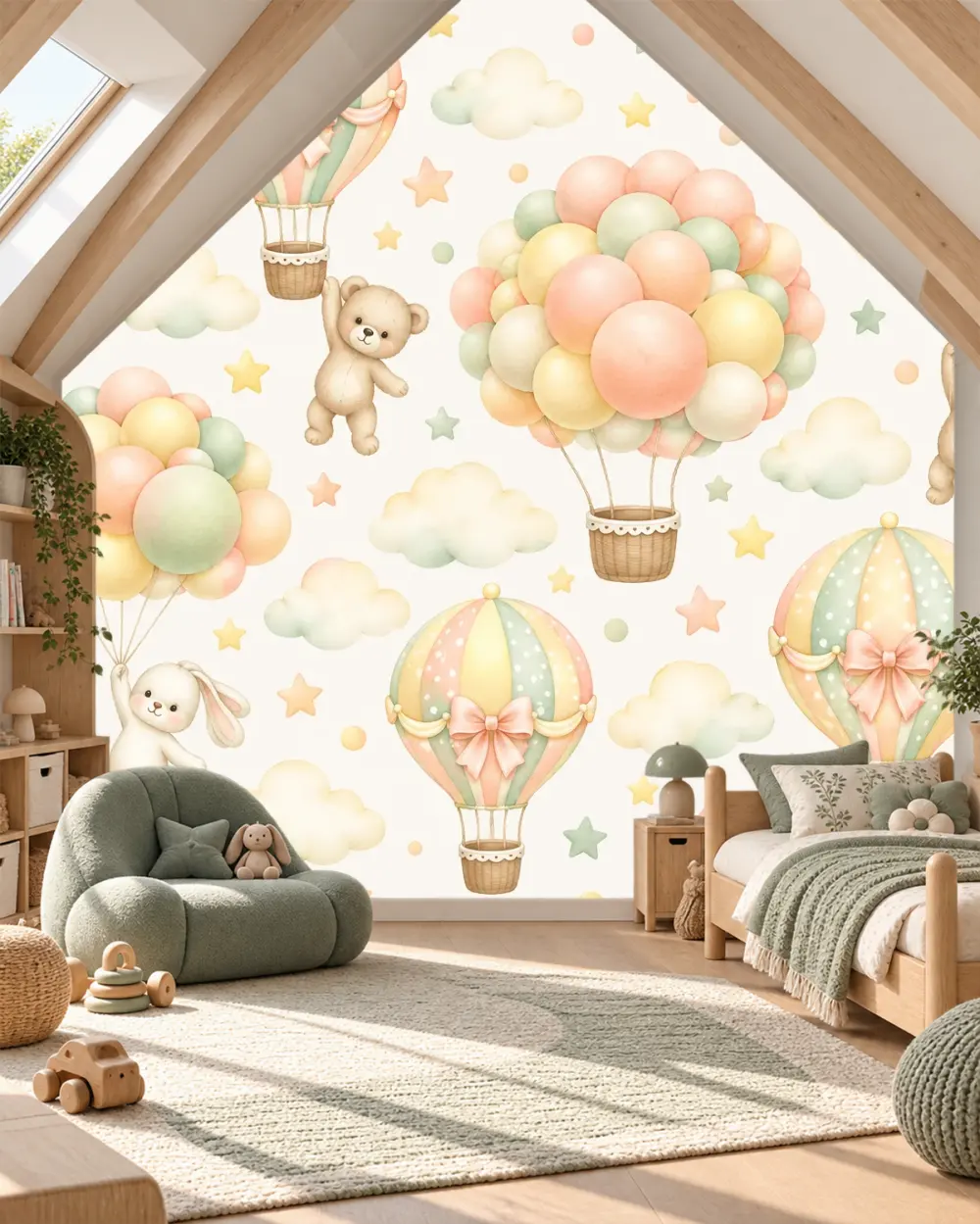 Balonlarla Uçan Dostlar Duvar Kağıdı room wallpaper mockup
