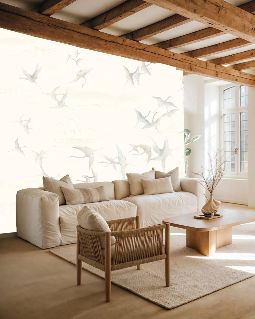 Bulutlarda Uçan Turnalar Duvar Kağıdı room wallpaper mockup