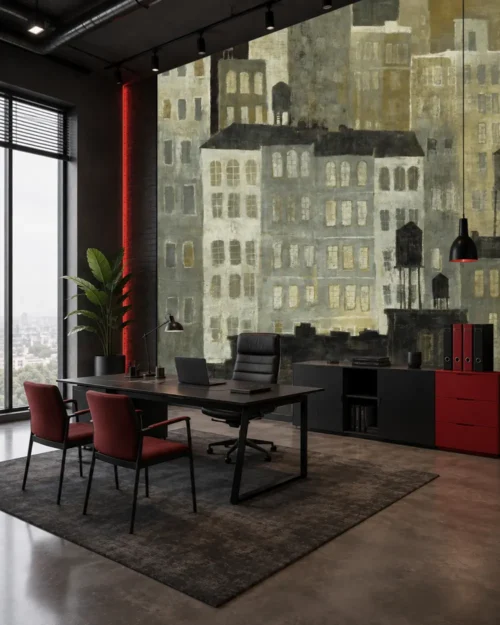 Sisli Şehir Silüeti Duvar Kağıdı – Meta Catalog Mockup Sisli Şehir Silüeti Duvar Kağıdı room wallpaper mockup