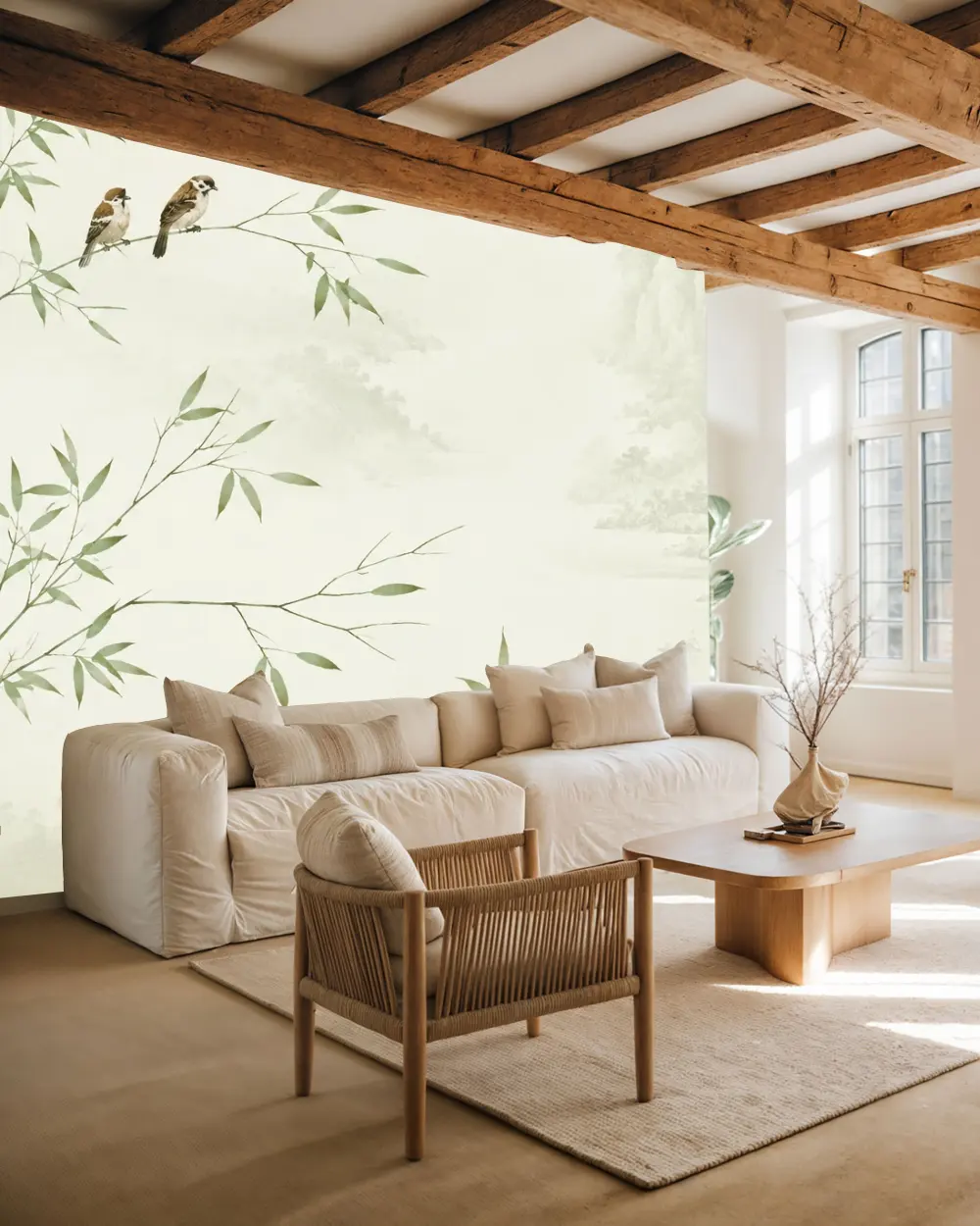 Bambu Dalları ve Serçeler Duvar Kağıdı room wallpaper mockup